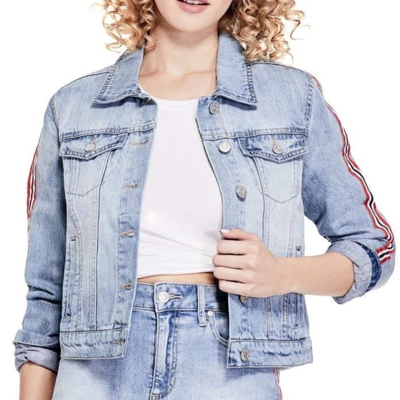 NEW GUESS Hayley Racer-Stripe Denim Jacket SZ S - Picture 2 of 11